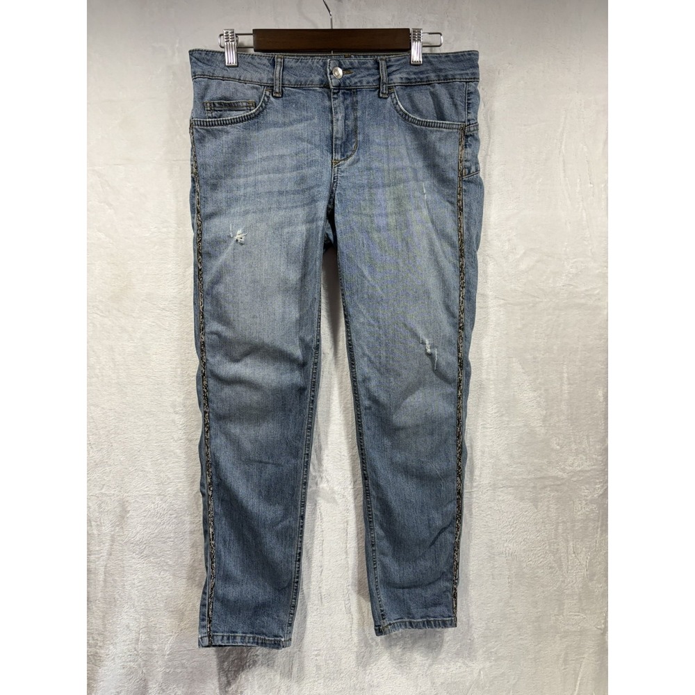 Liu Jo Women Beaded Side Stripe Distressed Cropped Jeans Light Wash Blue Size 31
